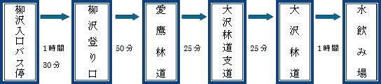 【柳沢ルート（登り）】柳沢入口バス停→（1時間30分）柳沢登り口→（50分）愛鷹林道→（25分）大沢林道支道→（25分）大沢林道→（1時間）水飲み場