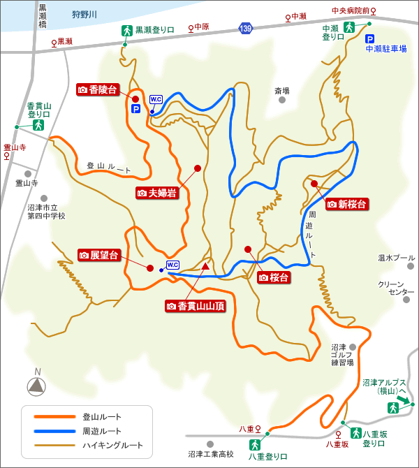香貫山　周辺地図（登山ルート・周遊ルート・ハイキングルート）