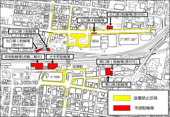 沼津駅周辺の自転車等放置禁止区域マップ