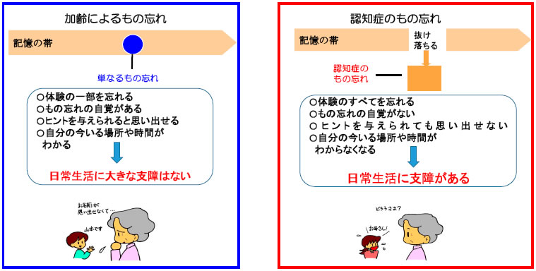 「加齢によるもの忘れ」と「認知症」の違い　「加齢によるもの忘れ」体験の一部を忘れる。もの忘れの自覚がある。ヒントを与えられると思い出せる。自分の今いる場所や時間がわかる。→日常生活に大きな支障はない　「認知症」体験のすべてを忘れる。もの忘れの自覚がない。ヒントを与えられても思い出せない。自分の今いる場所や時間がわからなくなる。→日常生活に支障がある