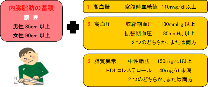 メタボリックシンドローム診断基準　内臓脂肪の蓄積　腹囲（男性85センチ以上、女性90センチ以上）＋1.高血糖（空腹時血糖値　110ミリグラム/デシリットル以上）2.高血圧（収縮期血圧　130mmHg以上、拡張期血圧　85mmHg以上　2つのどちらか、または両方）3.脂質異常（中性脂肪　150ミリグラム/デシリットル以上　HDLコレステロール　40ミリグラム/デシリットル未満　2つのどちらか、または両方）