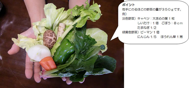 350グラムの野菜 ポイント 両手に載るほどの野菜の量が350グラムです。(例)淡色野菜(キャベツ:大きめの葉1枚、しいたけ:1個、ごぼう:8センチ、玉ねぎ2分の1個)緑黄色野菜(ピーマン:1個、にんじん:5分の1本、ほうれん草:1房)