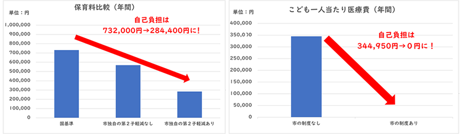 保育料比較（年間）とこども一人当たり医療費（年間）のグラフ