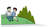 岡の上に座っている男女のイラスト