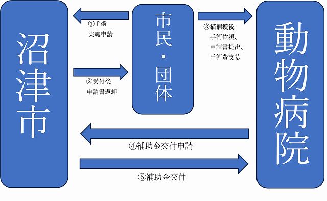 補助金交付手続きのフロー図 【1】実施申請(市民・団体から沼津市へ)【2】受付(沼津市から市民・団体へ)【3】手術依頼、手術費一部支払(市民・団体から動物病院へ)【4】補助金請求(動物病院から沼津市へ)【5】補助金交付(沼津市から動物病院へ)