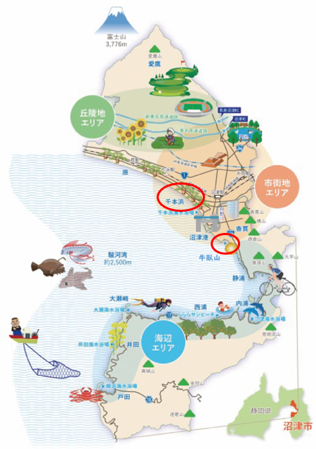 今回紹介のスポット(牛臥山公園、千本浜)