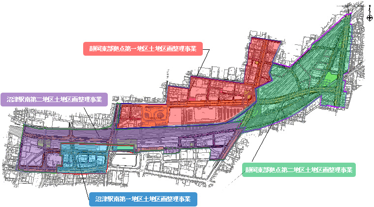 東部拠点第一地区土地区画整理事業区域、東部拠点第二地区土地区画整理事業区域、沼津駅南第一地区土地区画整理事業区域、沼津駅南第二地区土地区画整理事業区域