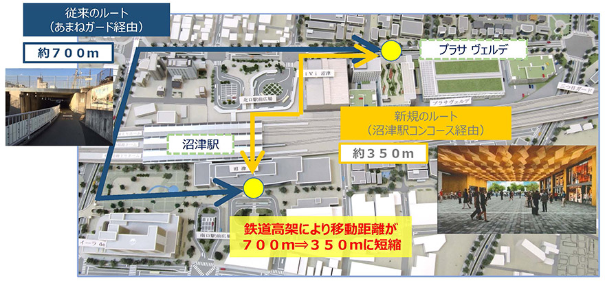 駅南北の移動　従来のルートと新規のルート