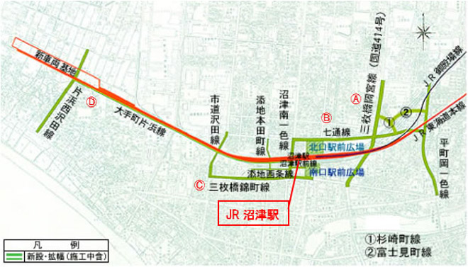 関連道路整備計画図　A：三枚橋岡宮線（国道414号）　B：七通線　C：三枚橋錦町線　D：片浜西沢田線