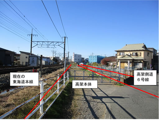 伝馬公園付近から撮影した高架側道6号線東側入口付近の現在の写真