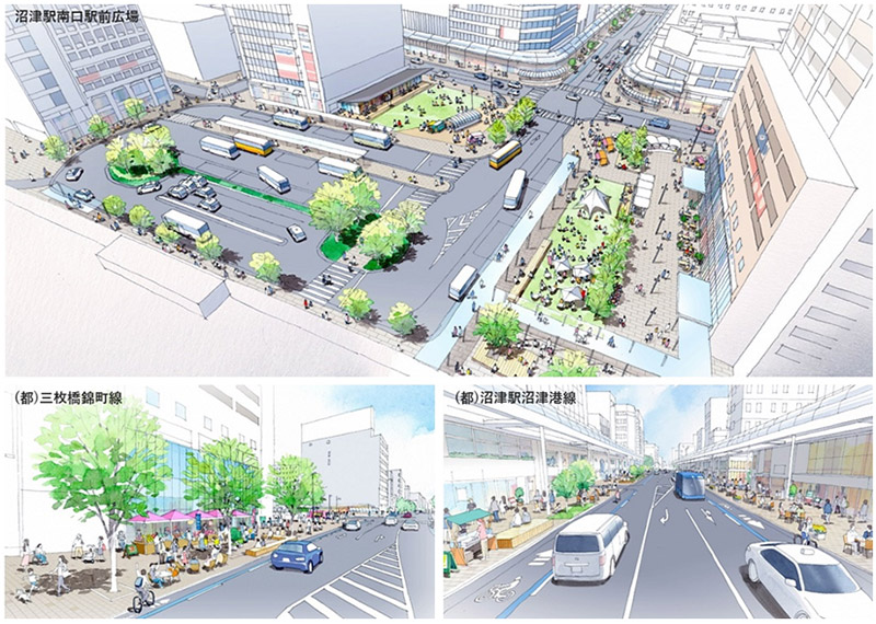 中期における公共空間再編のイメージ　沼津駅南口駅前広場、（都）三枚橋錦町線、（都）沼津駅沼津港線