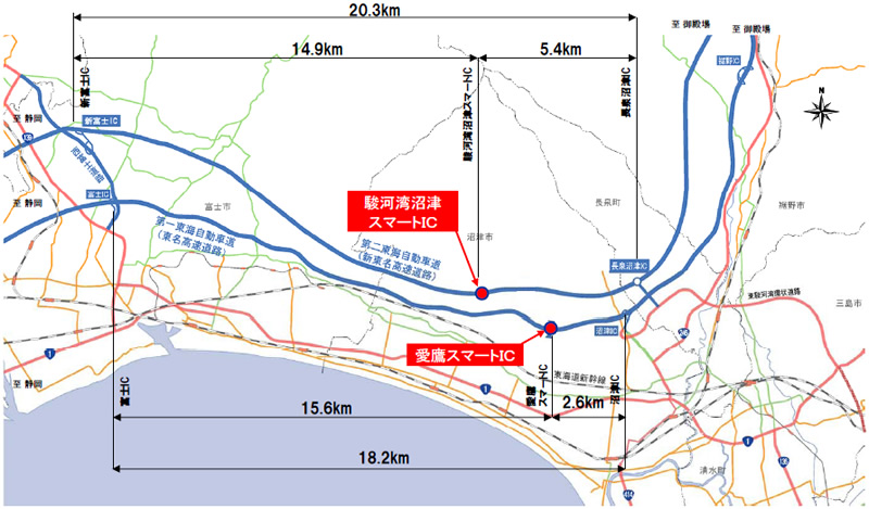 各インターチェンジ位置図（新冨士インターチェンジ～長泉沼津インターチェンジ間20.3キロメートル、新冨士インターチェンジ～駿河湾沼津スマートインターチェンジ間14.9キロメートル、駿河湾沼津スマートインターチェンジ～長泉沼津インターチェンジ間5.4キロメートル、冨士インターチェンジ～沼津インターチェンジ間18.2キロメートル、冨士インターチェンジ～愛鷹スマートインターチェンジ間15.6キロメートル、愛鷹スマートインターチェンジ～沼津インターチェンジ間2.6キロメートル）