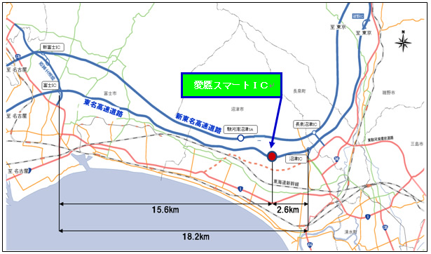 東名高速道路愛鷹スマートインターチェンジ位置図　冨士インターチェンジ～愛鷹スマートインターチェンジ間15.6キロメートル、愛鷹スマートインターチェンジ～沼津インターチェンジ間2.6キロメートル、富士インターチェンジ～沼津インターチェンジ間18.2キロメートル