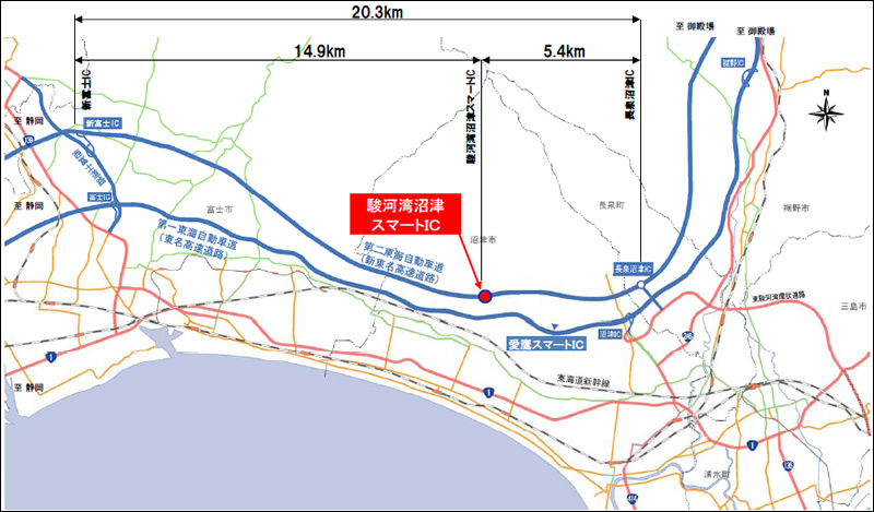駿河湾沼津スマートインターチェンジ位置図　新冨士インターチェンジ～駿河湾沼津スマートインターチェンジ間14.9キロメートル、駿河湾沼津スマートインターチェンジ～長泉沼津インターチェンジ間5.4キロメートル、新冨士インターチェンジ～長泉沼津インターチェンジ間20.3キロメートル