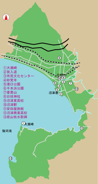 文学碑　所在地　地図　【1】大瀬崎　【2】我入道　【3】市民文化センター　【4】妙覚寺　【5】港口公園　【6】千本浜公園　【7】香貫山　【8】日枝神社　【9】沼津東高校　【10】沼津駅　【11】安田屋旅館　【12】沼津商業高校　【13】若山牧水歌碑