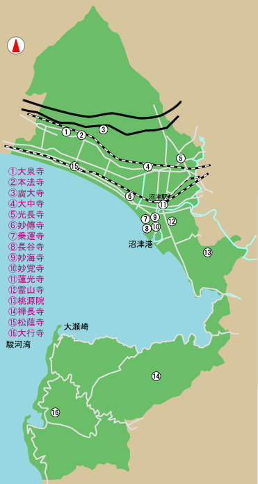 　寺院　所在地　地図【1】大泉寺　【2】本法寺　【3】廣大寺　【4】大中寺　【5】光長寺　【6】妙傳寺　【7】乗運寺　【8】長谷寺　【9】妙海寺　【10】妙覚寺　【11】蓮光寺　【12】霊山寺　【13】桃源院　【14】禅長寺　【15】松蔭寺　【16】大行寺