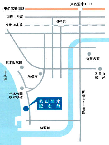 沼津市若山牧水記念館までの地図。地図に続いて詳細