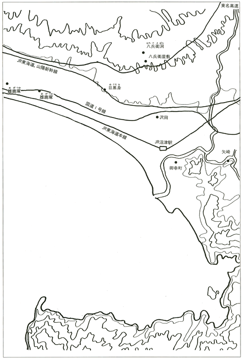 八兵衛洞、雌鹿塚の位置を示した地図