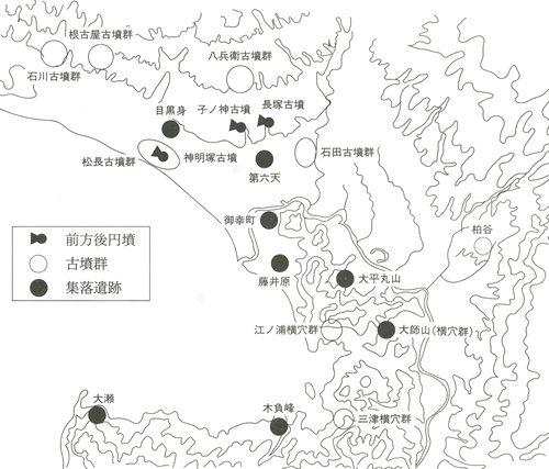 古墳時代の遺跡（前方後円墳、古墳群、集落遺跡）の地図