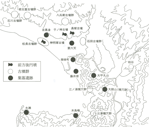 古墳時代の遺跡(前方後円墳、古墳群、集落遺跡)の地図