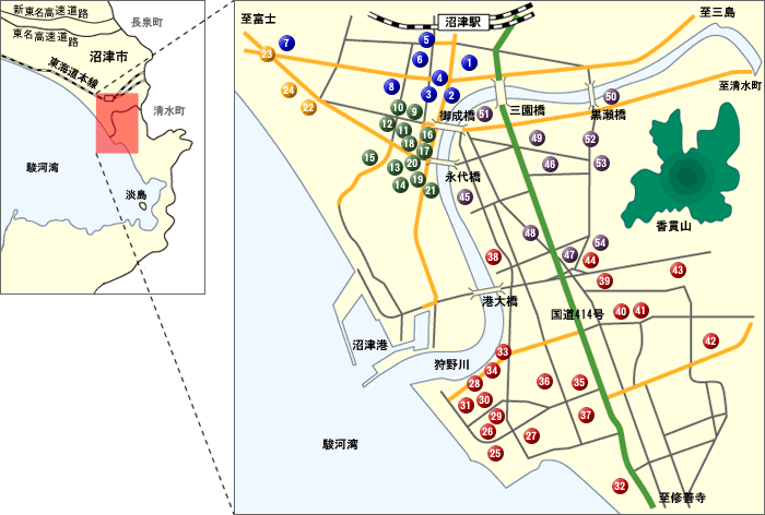 沼津市の地図です。番号をクリックするとその地名・町名の由来ページへジャンプします。