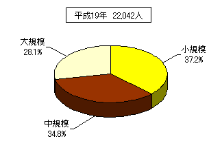 従業者規模別を表した円柱グラフ。平成19年22,042人。詳細は上記。