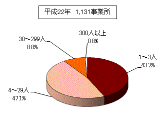 従業者規模別事業所数を表した円柱グラフ。平成22年1,131事業所。詳細は上記。